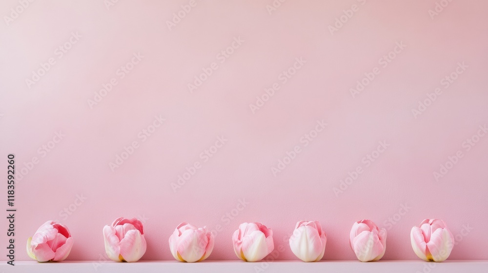 Poster springtime pastel easter tulips in a soft minimalistic row with pink background