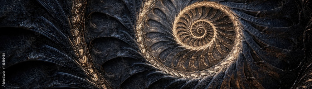 Poster a captivating spiral pattern resembling a nautilus shell, showcasing intricate details and a dark, t