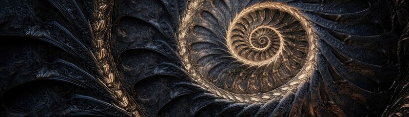 Obraz premium A captivating spiral pattern resembling a nautilus shell, showcasing intricate details and a dark, textured background.