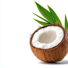 Tropical Delight: A Half Coconut with Lush Green Leaves