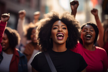 Fototapeta premium AI generated image of young woman on a social protest with diverse crowd march day