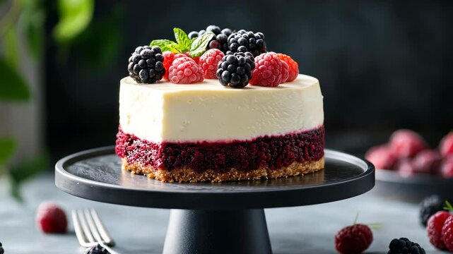Delicious cheesecake with berry topping served on a black plate