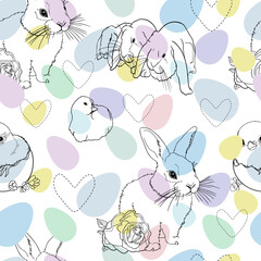Print Pastel Easter Pattern with Rabbits, Chicks, and Hearts. Seamless Bunny and Chick Design with Colorful Eggs
Hand-Drawn Animals and Hearts Pattern in Pastel Colors