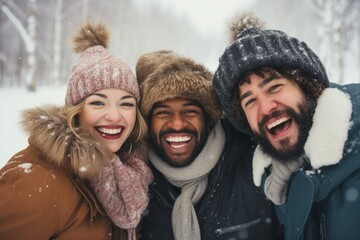Three cheerful friends enjoying a snowy day outdoors, bundled up in warm winter clothes and hats