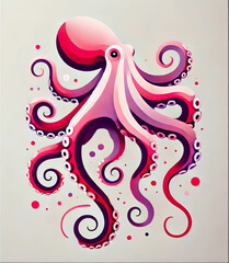 A minimalistic, artistic illustration of an octopus, created in a clean, stylized form with vibrant splashes of color