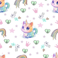 Seamless Pattern with Rainbow Cats and Unicorns. Cute Pastel Unicorn Cats and Melting Rainbows. Adorable Kawaii Caticorns with Stars and Rainbows