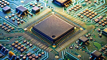 Obraz premium Close-up shot of a microchip with visible die, showcasing intricate circuitry and tiny components, microchip