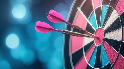 A close-up of a dartboard with two pink darts lodged in its target, set against a soft bokeh background.
