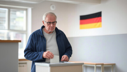 Fototapeta premium A German man casting his vote at a polling station during national elections in Germany
