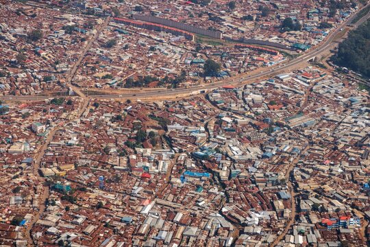 The Kibera slum housing area in Nairobi, seen from above.