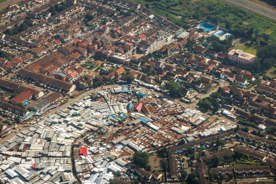 New housing next to the Kibera slum in Nairobi seen from the air.