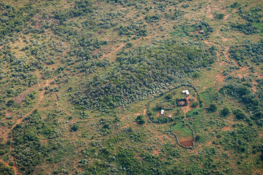 Rural livestock boma photographed from a bush plane in Kenya.