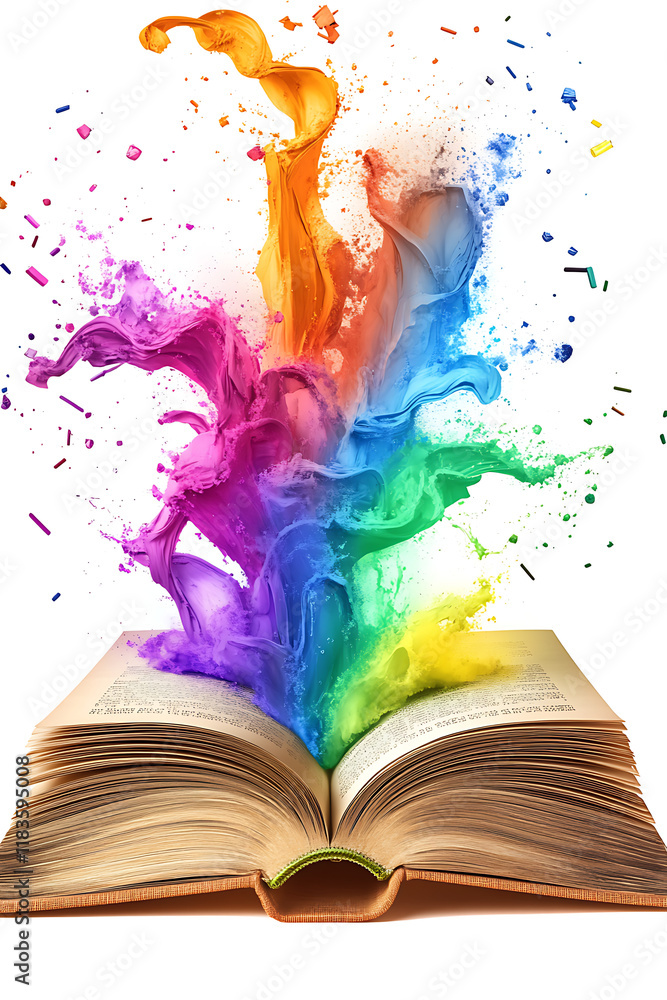 Poster an open book with colorful splashes of paint emerging from its pages, symbolizing creativity.