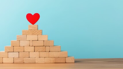 A pyramid of wooden blocks topped with a bright red heart against a light blue background, symbolizing love and foundation.