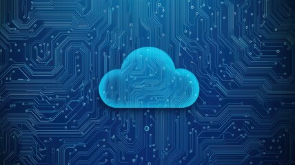 A blue cloud icon over a circuit board background, symbolizing cloud computing and digital technology.