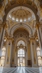 Fototapeta premium Grand Cathedral Interior: Golden Arches, Domes, and Sunlight