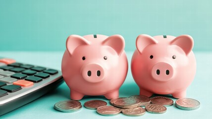 Two pink piggy banks sit beside a calculator and scattered coins, symbolizing savings, budgeting, and financial management.