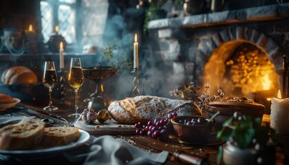 A rustic wooden table set with candles, glasses, bread, grapes, garlic, and a bowl of berries in front of a fireplace.