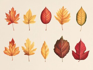 Fototapeta premium Autumn Leaves Showcase Vibrant Fall Colors and Textures with Botanical Illustration Theme.