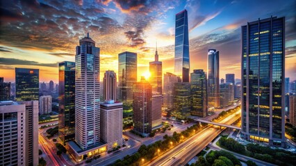 Modern cityscape with sleek skyscrapers and busy streets at dawn, business, city,  business