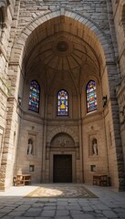 Fototapeta premium Stone Chapel's Serene Interior: Stained Glass and Archway