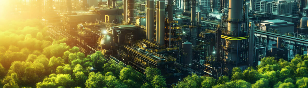 Industrial complex juxtaposed with lush green forest. Sustainable industry concept.