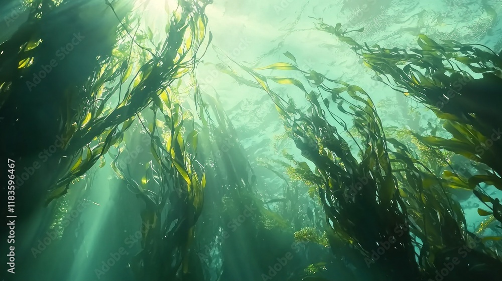 Poster Golden rays illuminate a vibrant kelp forest as it sways gently in the current, creating a mesmerizing underwater dance filled with life and motion