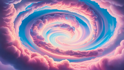 A mesmerizing spiral of clouds in shades of pink and blue, creating a dynamic vortex against a clear sky