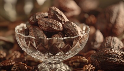 A close-up image of a bowl filled with whole nutmeg seeds surrounded by pecan nuts.