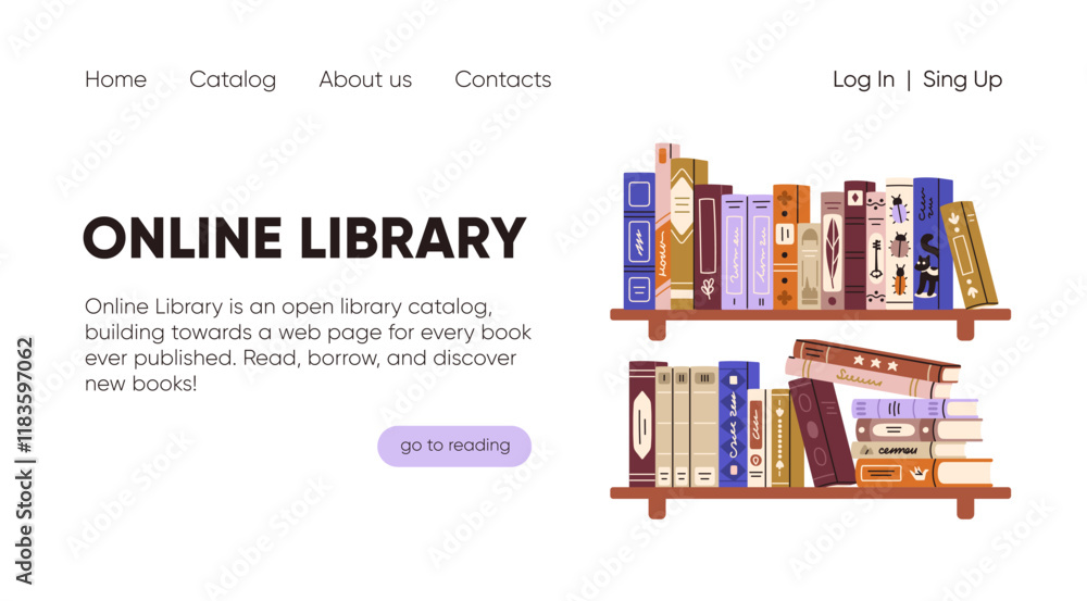 Poster online library website design. digital catalog, book shelf homepage. landing page template , user in