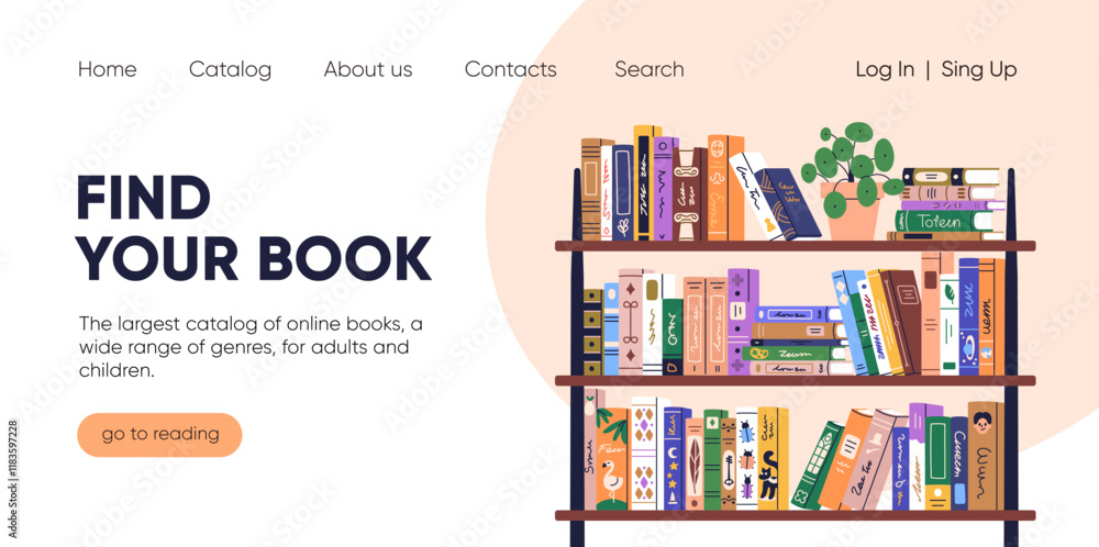 Poster online books catalog website, landing page design. virtual internet library, store, web-site ui with