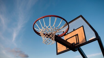Outdoor basketball hoop against clear blue sky, focusing on rim and backboard