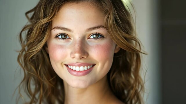 pretty freckle girl with gentle joyful smile at home with no makeup or light makeup show the clean clear facial skin, 