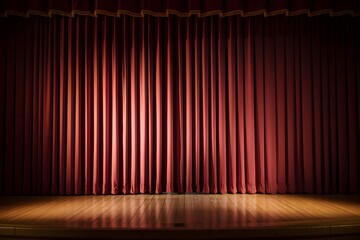 Closed Red Curtain on Wooden Stage with Warm Lighting.