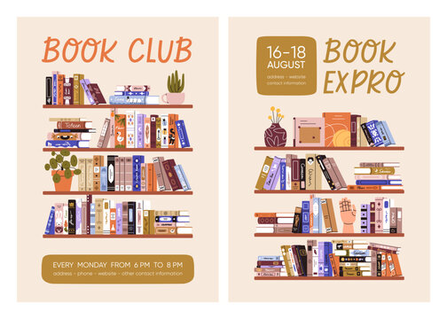 Book club, fair, festival, poster design. Education flyer with bookshelf, literature for reading. Library, bookstore, market promotion, advertising card template, placard. Flat vector illustration