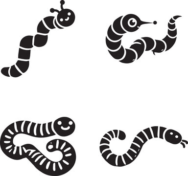Adorable Worm and Snake Silhouettes - Cute Cartoon Black and White Illustrations