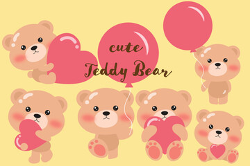 Cute Teddy Bear Illustration with Hearts and Balloons