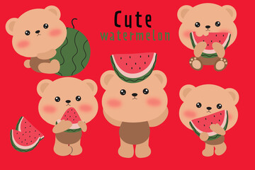 Cute Bear Illustrations with Watermelon