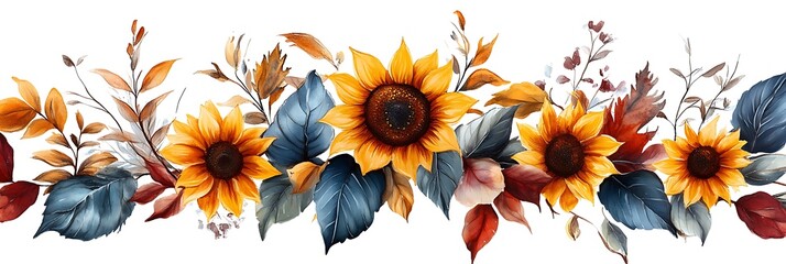 Autumn Sunflowers: A vibrant watercolor border of sunflowers, leaves, and stems in warm autumn hues. Perfect for adding a touch of fall charm to your designs. 