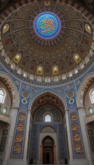 Obraz premium Majestic Mosque Dome: Intricate Blue and Gold Arabesque Interior