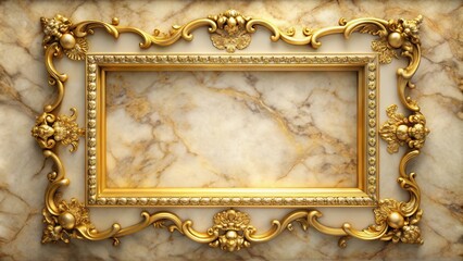 Golden frame on a marble background with intricate details and warm light, decorative, high end