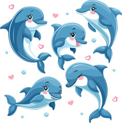 Set of cute dolphins in cartoon style. Five dolphins in different poses and with different characters.