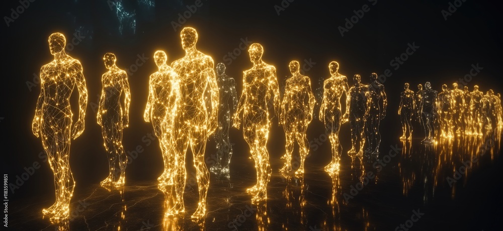Poster illuminated figures representing human connection and technology, glowing with intricate networks of