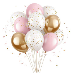 Pink, white, and gold balloons with confetti on a transparent background png