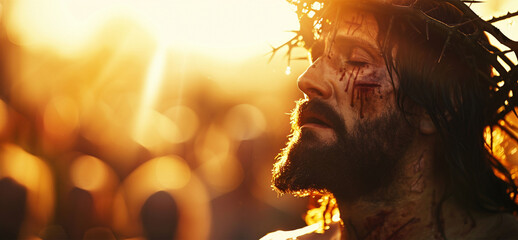 Close-up portrait of christ wearing crown of thorns carrying wooden cross eyes closed depicting pain and suffering