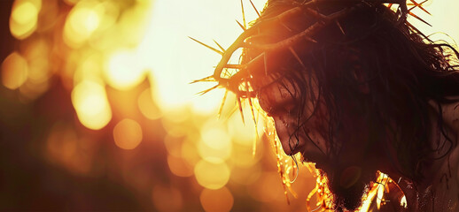 Close-up portrait of christ wearing crown of thorns carrying wooden cross eyes closed depicting pain and suffering