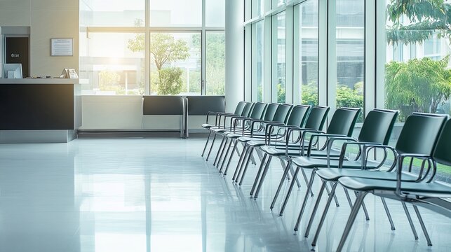  Serene and Anticipatory Medical Clinic Waiting Room with Rows of Chairs, Reception Desk, and Natural Light Streaming Through Large Window. A Tranquil Space for Patients and Visitors.