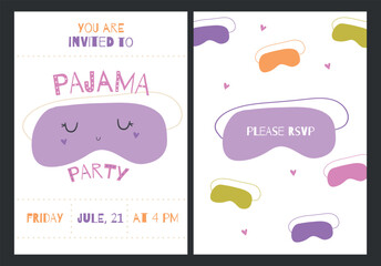 Pajama Party invitation card template with sleeping masks. Greeting birthday card for print in cute flat style.
