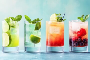 Variety of colorful fruit mocktails with ice