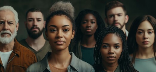 Diverse group of individuals showcasing unity and strength, featuring men and women of various ethnicities and ages, standing together with serious expressions, copy space for text